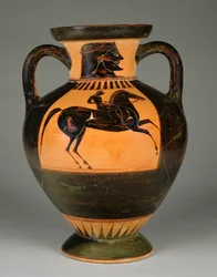 Attische zwartfigurige amfoor met naakte ruiter, ca. 570-60 v.Chr. (terracotta)